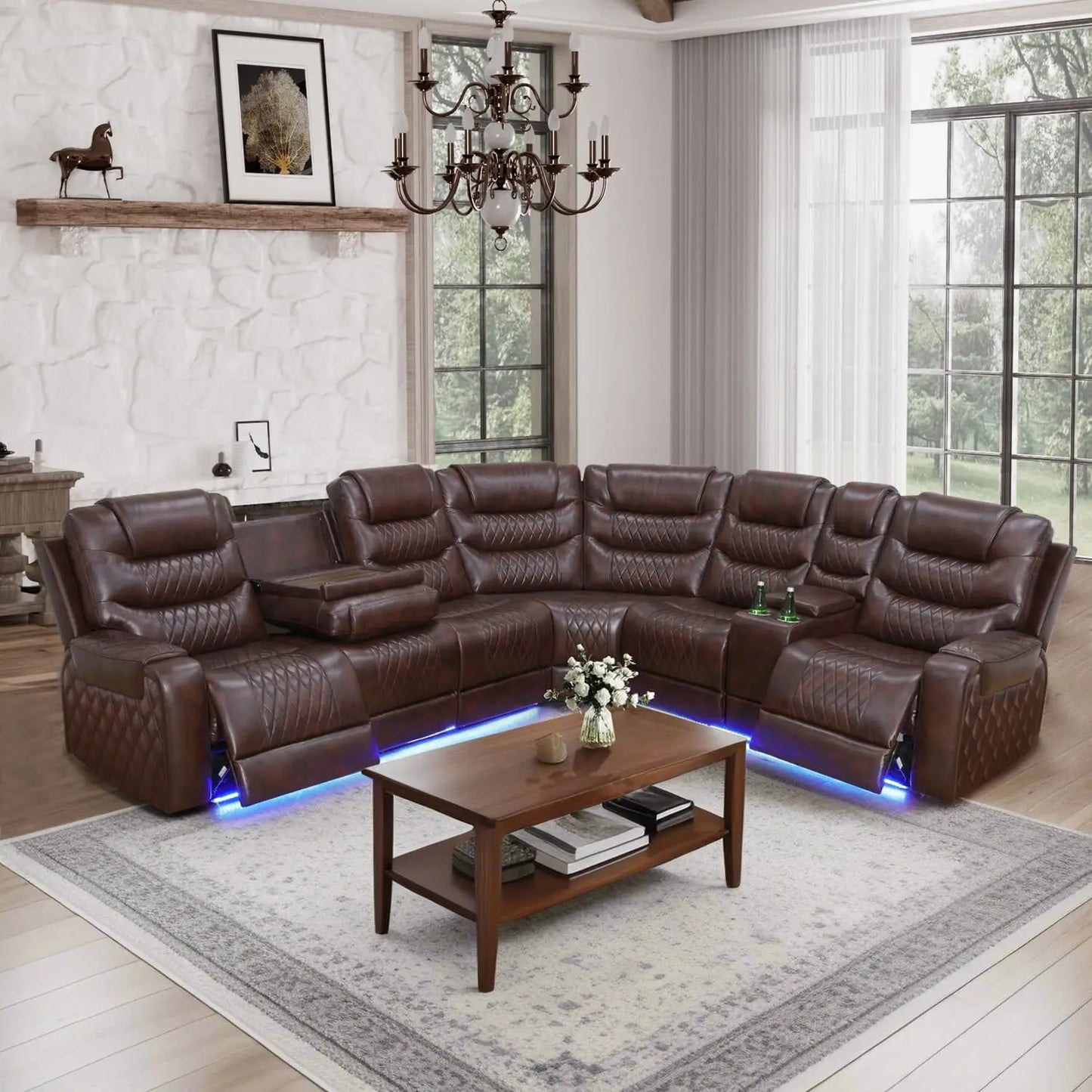 Power Reclining Sectional Sofa USB Chargers and Storage Console, Leather Recliner Sofa for Living Room Furniture Set