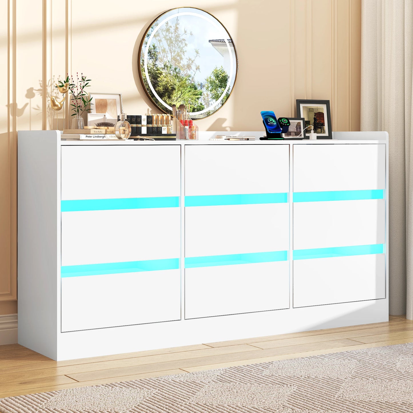 9 Drawer Dresser with Power Outlet and LED Light Modern Chest of Drawers for Closet 63 Inch Drawer Organizer Cabinet for Bedroom