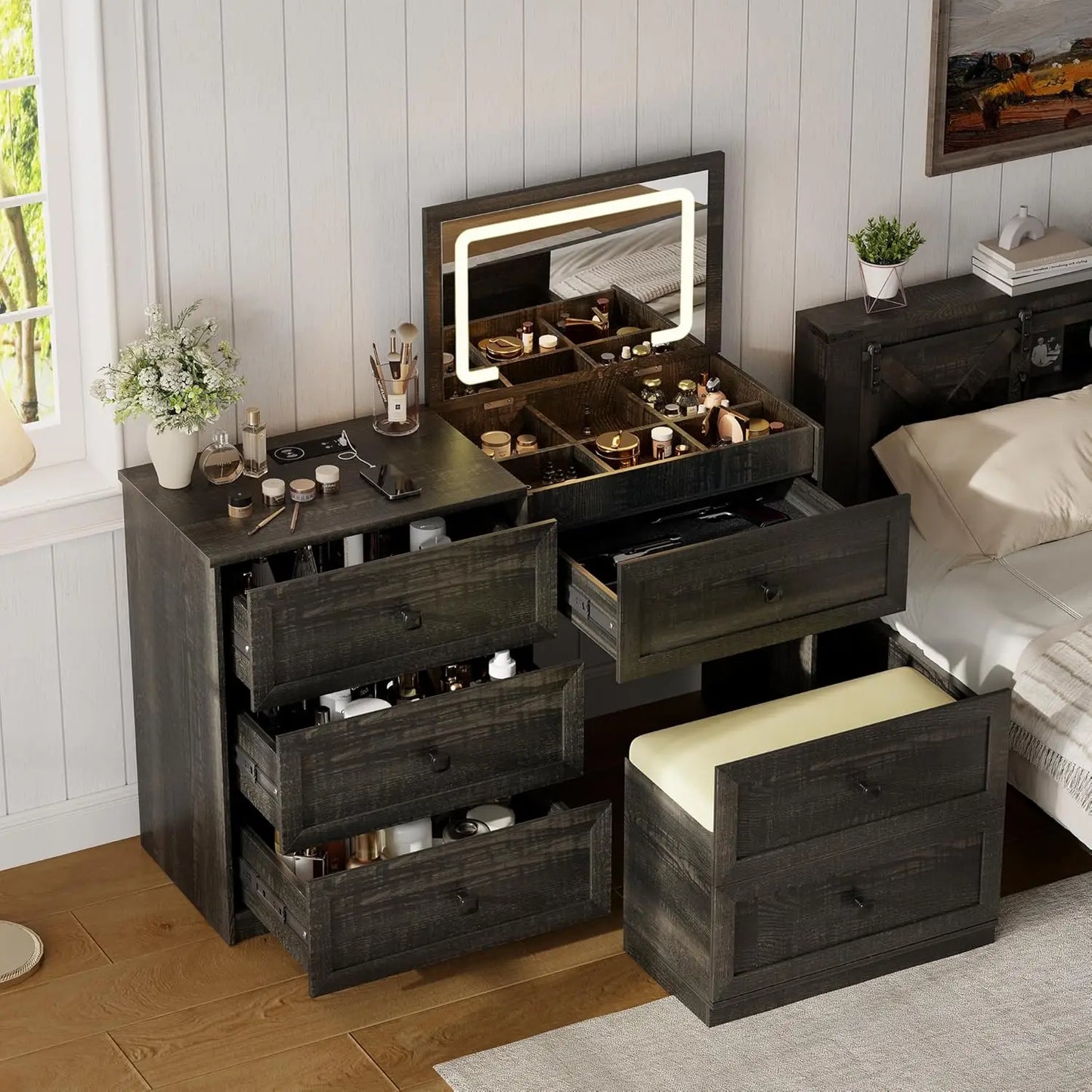Farmhouse Vanity Desk with Flip Top Mirror and Lights Makeup Vanity Table with Adjustable Cabinets and Hidden Storage