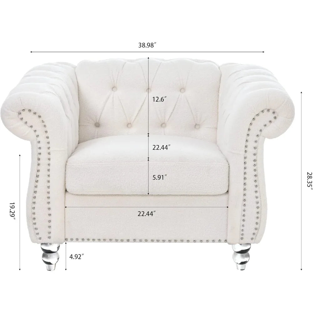 Accent Chair, Chesterfield Chair Modern Velvet Upholstered Chairs with Tufted Back for Living Room Furniture (White)