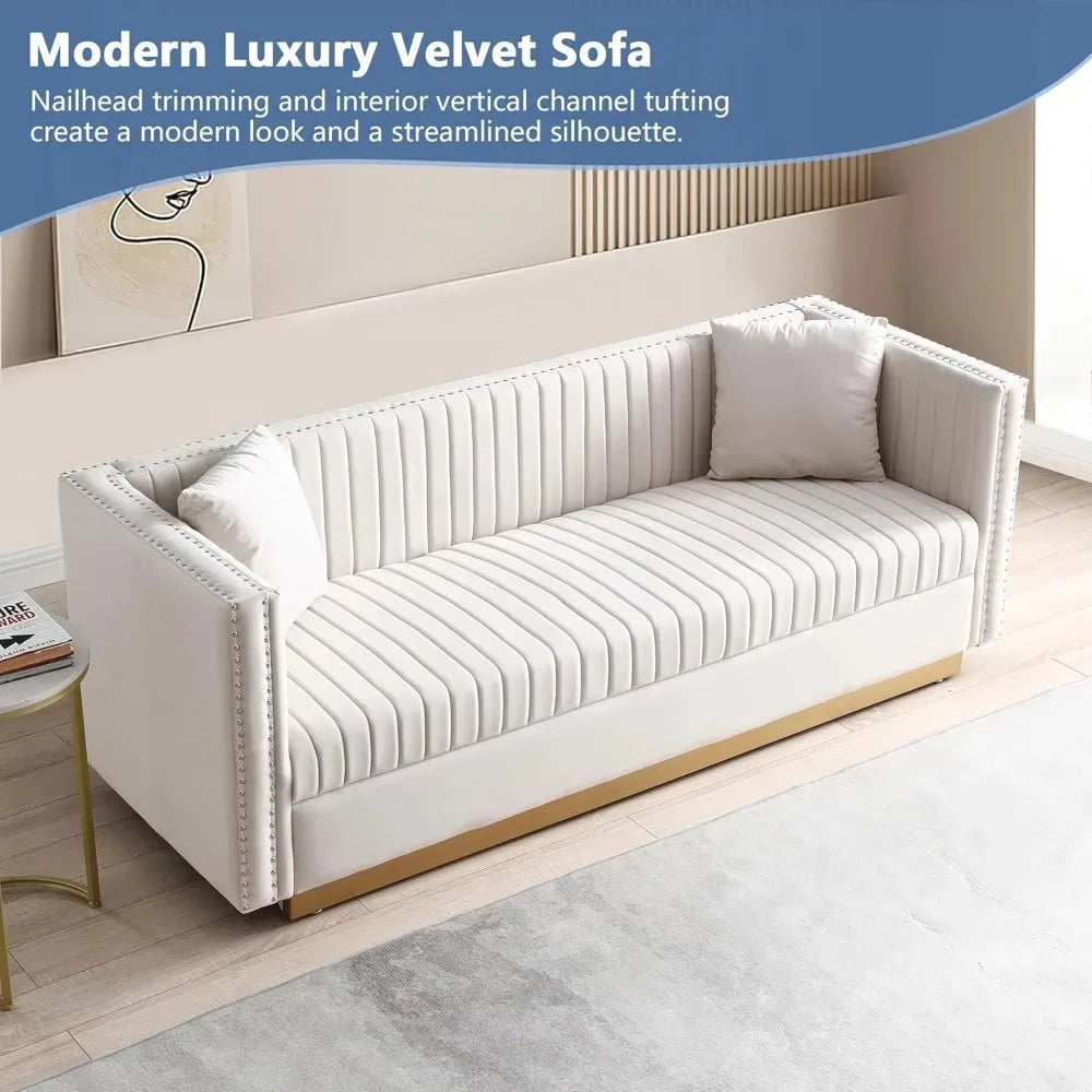 Luxury Velvet Sofa Set for Living Room with Nailhead Gold Metal Legs and Four Pillows