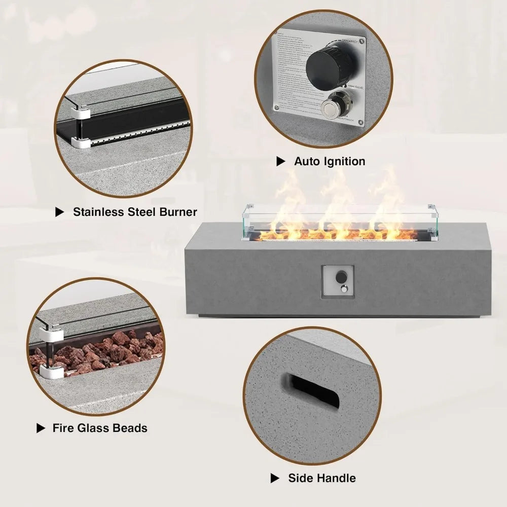 3 Piece Propane Fire Pit Table Set with Tank Table and Glass Wind Guard 56 Inch Outdoor Gas Fire Table 50000 BTU Modern Rectangle Fire Pit
