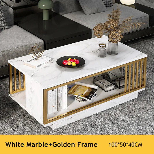 Modern 2 Tier White and Gold Coffee Table High Gloss Marble Veneer Rectangle Living Room Furniture