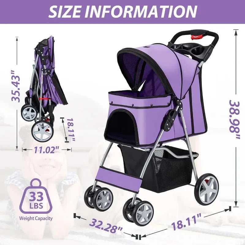 4 Wheels Pet Stroller for Small and Medium Dogs and Cats 33 Pounds Breathable Foldable Jogger Stroller with Storage Basket for Travel
