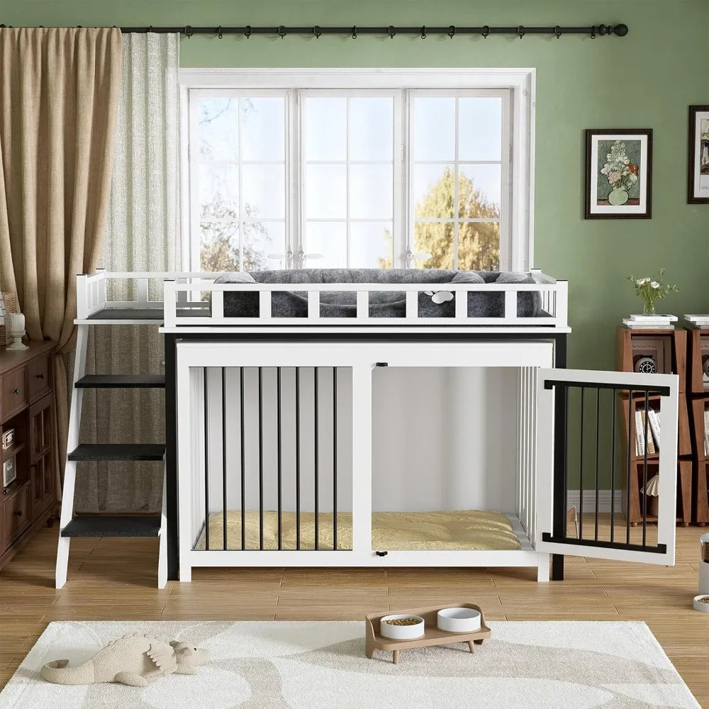 Loft Style Dog Crate Furniture with Double Doors Heavy Duty Dog Kennel Indoor for Medium and Large Dogs Wooden Pet House