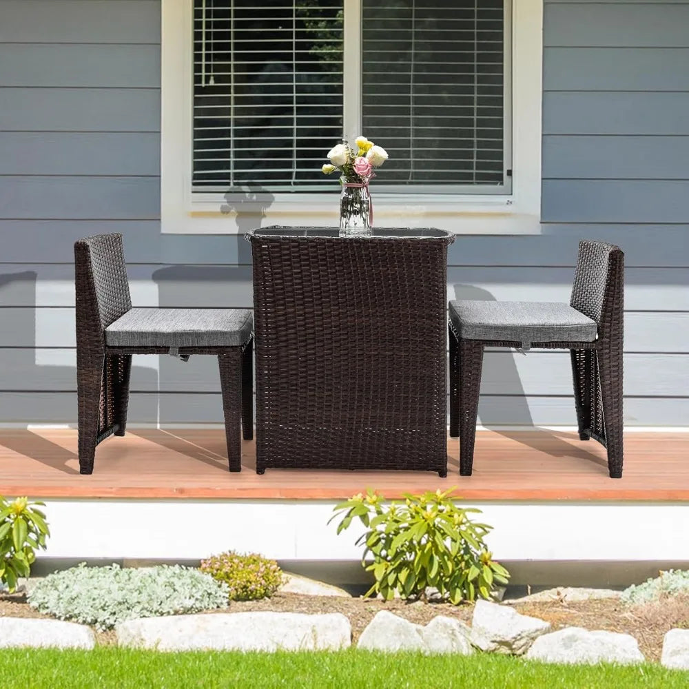 3 Piece Wicker Outdoor Patio Bistro Set with Glass Top Table and Dining Chairs for Small Spaces