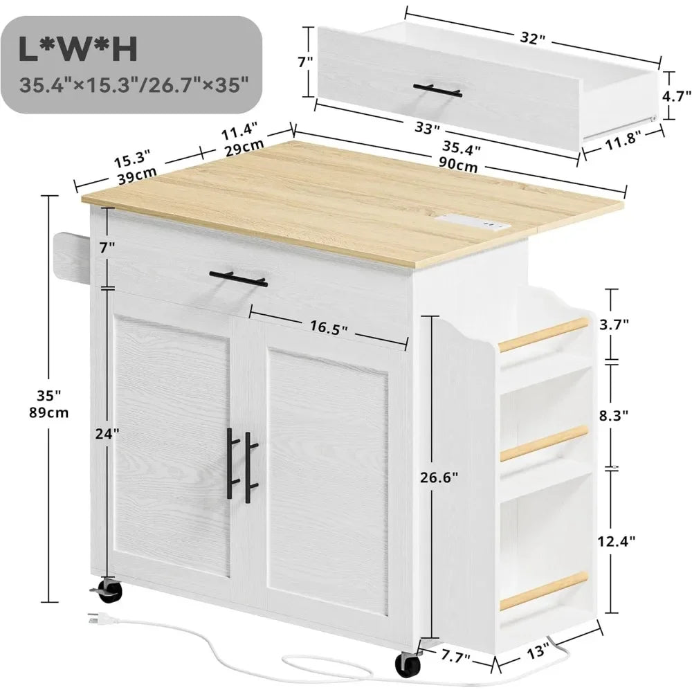 Kitchen Island with Storage Rolling Kitchen Island on Wheels with Drop Leaf Door Cabinet Drawer and 3 Open Spice Rack Shelves