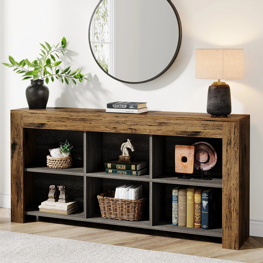 Tribesigns 63-Inch Long Console Table, Rustic Wood Entryway Table with 6 Storage Cubes, Industrial Narrow Sofa Table