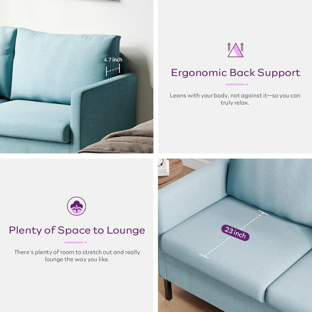 51 Inch W Linen Fabric Upholstered Modern Loveseat Sofa Couch for Living Room Aqua Blue 2 Seater Furniture with Iron Legs