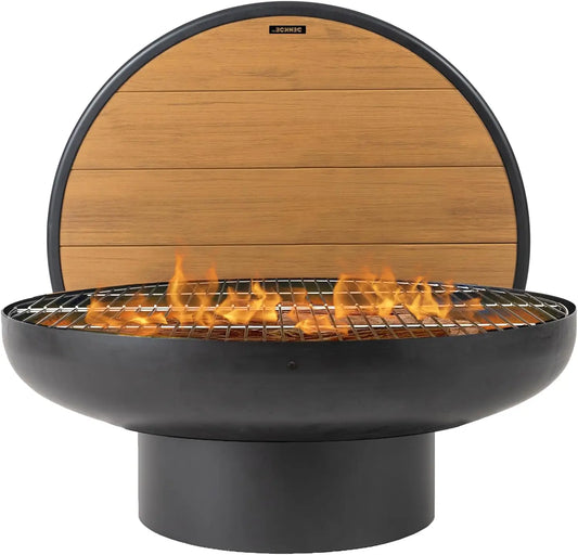 32 Inch Cast Iron Round Fire Pit Table with Fire Pit Grill Heavy Duty Fire Bowl Deep Outdoor Firepit Wood Burning BBQ Pit for Patio and Backyard