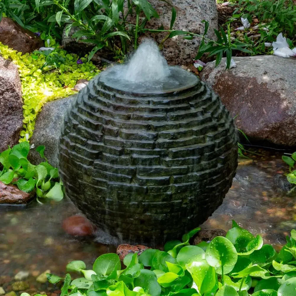 Stacked Sphere Outdoor Fountain Water Feature Garden Installation Lightweight Composite Realistic Look Fire Element Add On Kit