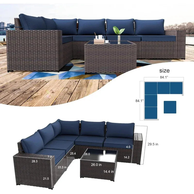 QWQkulavik 6 Piece Outdoor Furniture Set PE Wicker Rattan Sectional Sofa Patio Conversation Sets Navy Blue