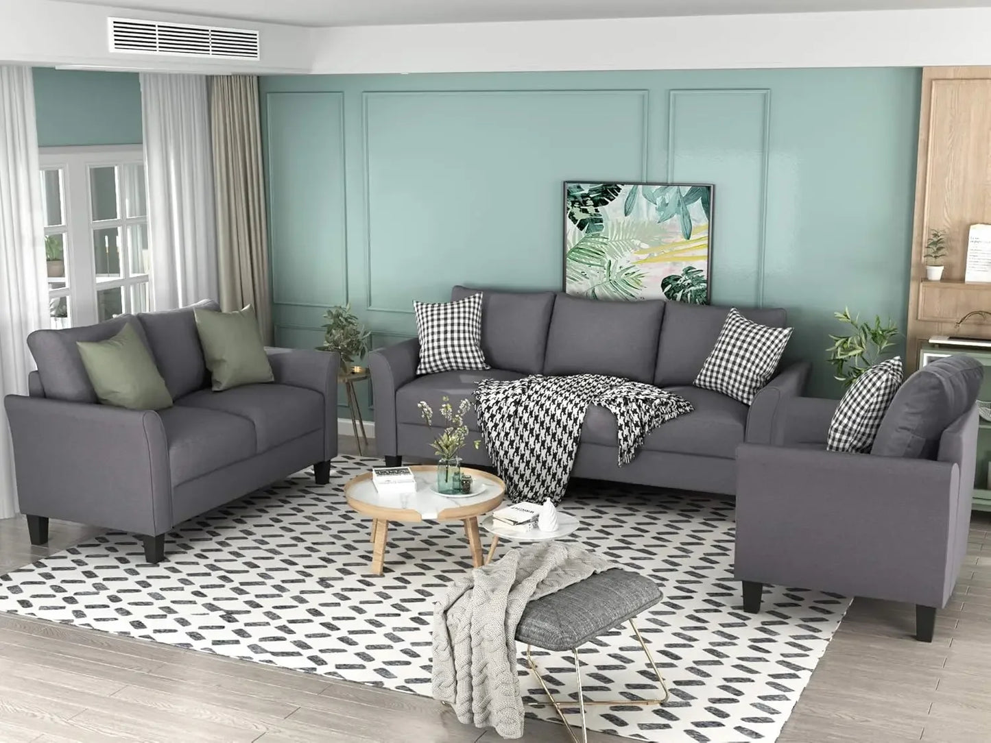 3 Piece Sectional Sofa Set Living Room Furniture Grey 3 Seat Couch Loveseat Chair