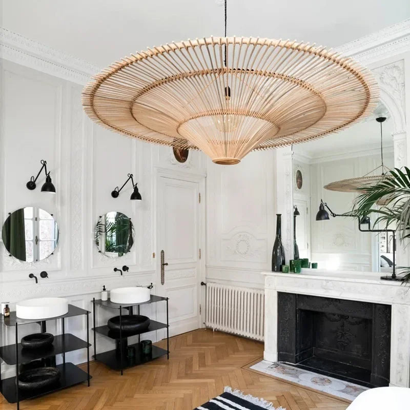 Vintage LED Pendant Light Nordic Umbrella Handmade Rattan Lamp for Living Room Bedroom Dining Room Table