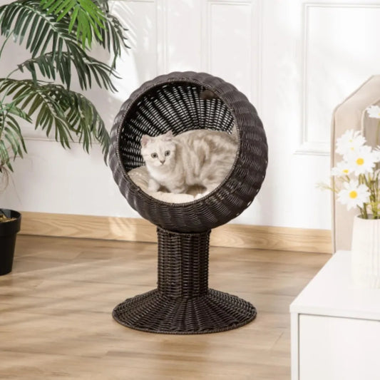 27-inch Cat Bed, Rattan Cat House, Elevated Cat House, Kitten Scratching House, with Mat, Dark Brown