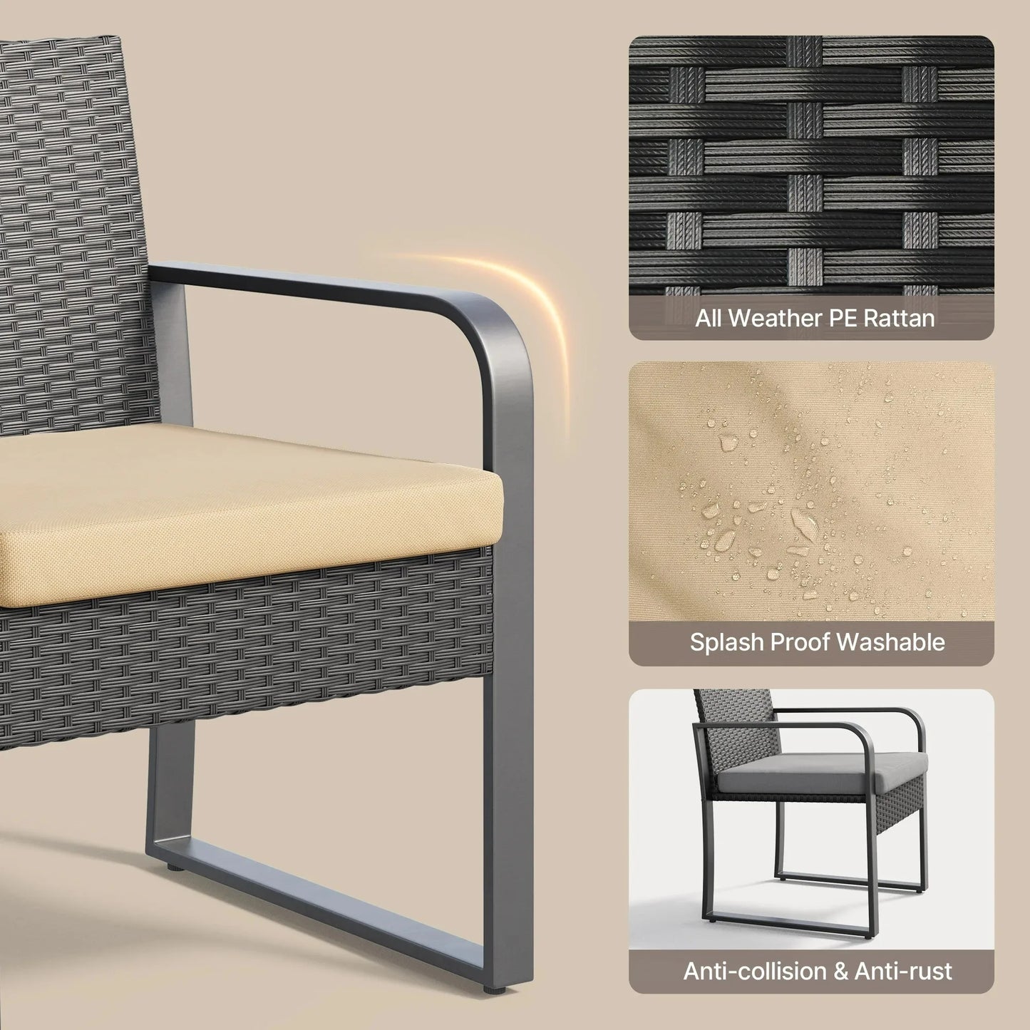3 Piece Patio Chair Set with Glass Coffee Table Outdoor Rattan Furniture for Garden Porch Bistro Yard Gray Cushion