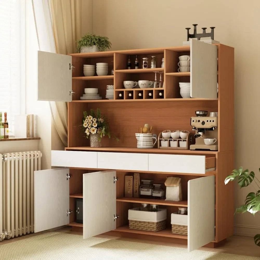 Large Kitchen Pantry Cabinet with 3 Drawers Microwave Shelf and Wine Racks Freestanding Cupboard