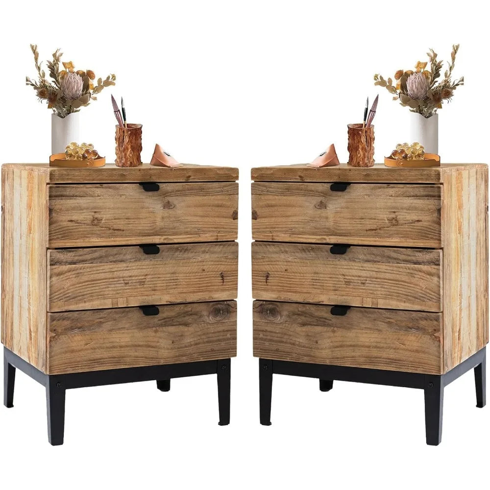 Farmhouse Wood Nightstand Bedside Table with Three Drawers Storage for Living Room and Hallway Distressed Finish