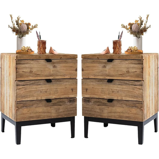 Farmhouse Wood Nightstand Bedside Table with Three Drawers Storage for Living Room and Hallway Distressed Finish
