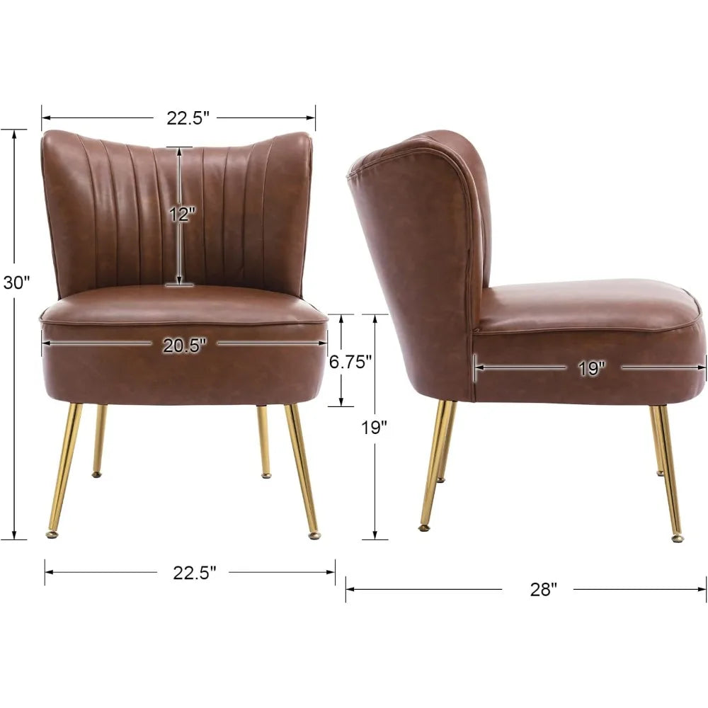Leather Accent Chairs Set of 2 Modern Armless Upholstered Waterproof Slipper Chairs with Golden Legs Comfy Wingback Side Chairs