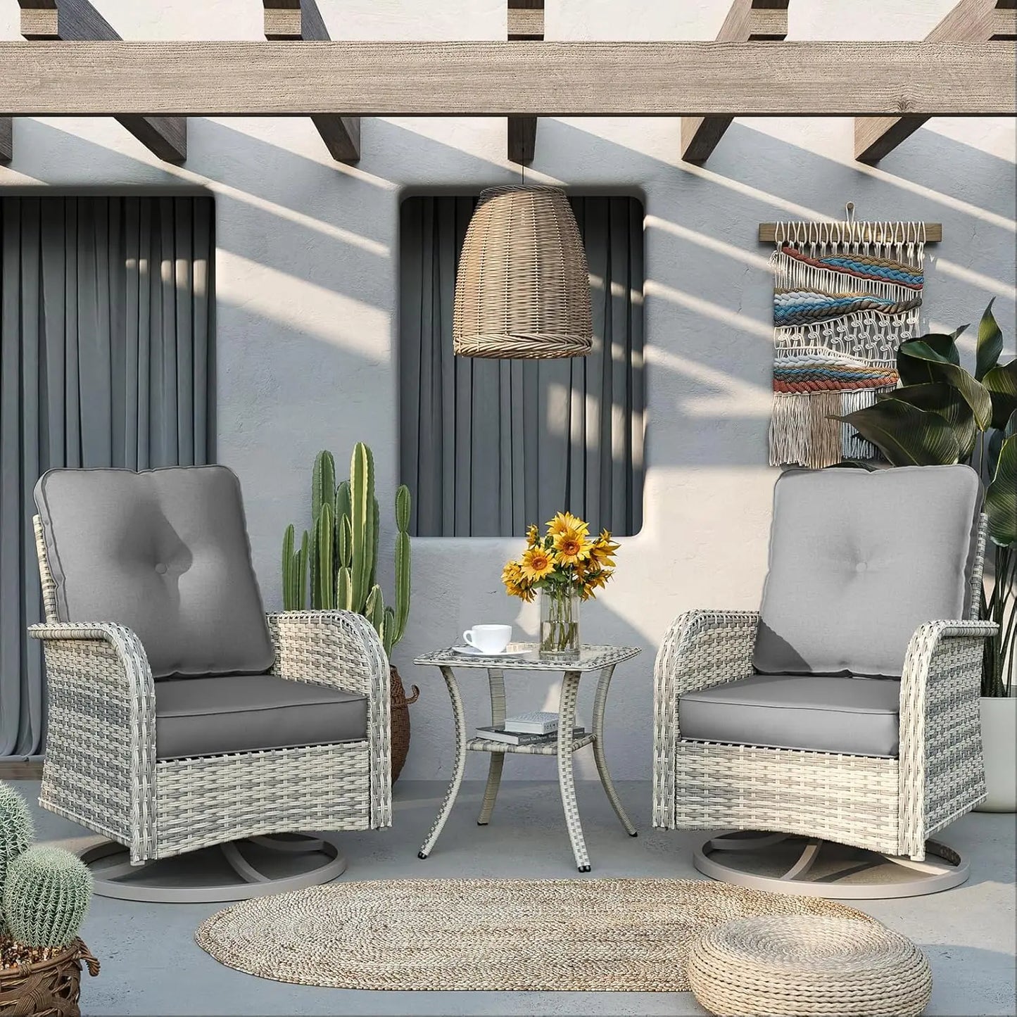 Patio Rocking Swivel Chair Outdoor Wicker Rattan Bistro Set with Tempered Glass Side Table Garden Furniture
