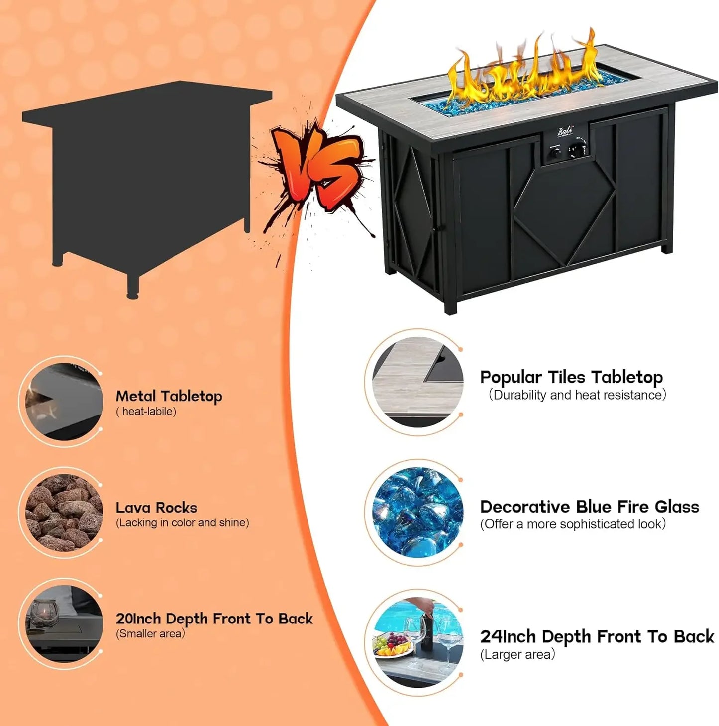 Gas Fire Table 42 Inch Ceramic Tabletop Propane Firepit 60000 BTU Outdoor Dinner Coffee Table for Patio Backyard