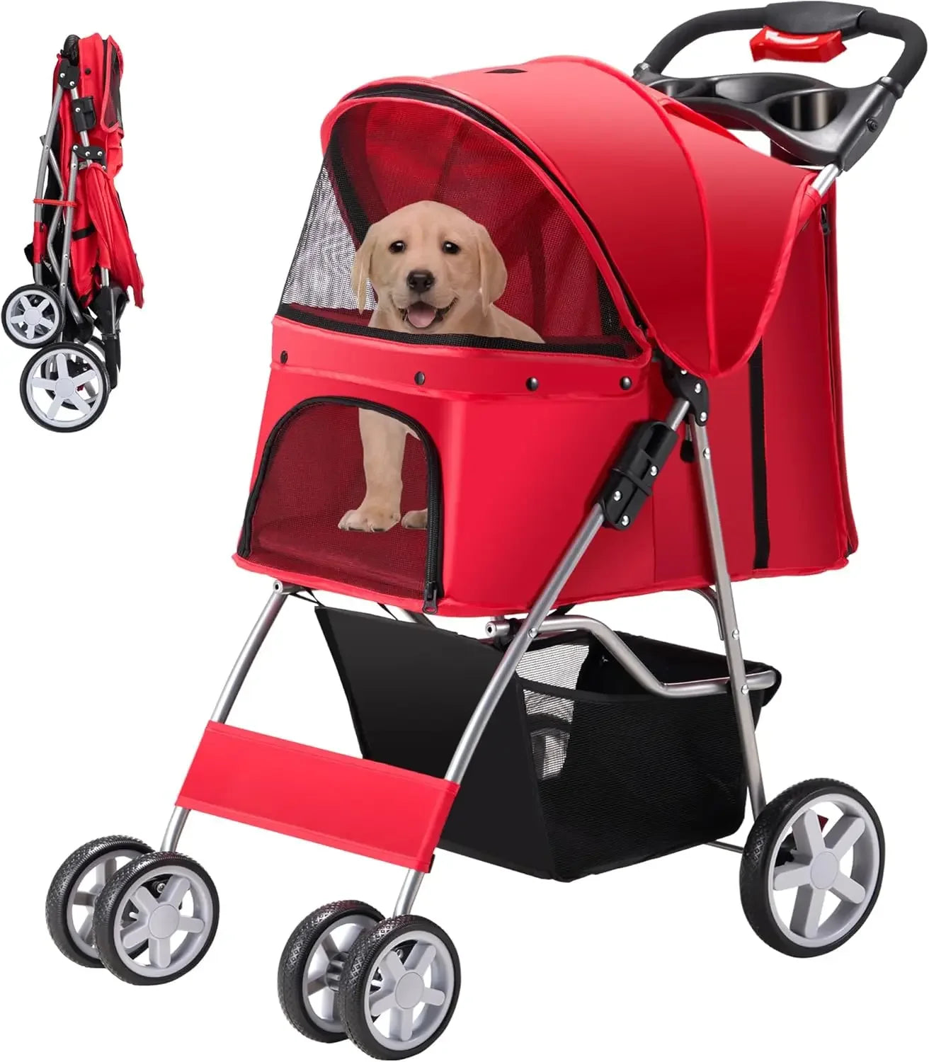 Pet Stroller for Medium and Small Dogs and Cats Four Wheels Folding Cat Jogger with Storage Basket and Breathable Mesh