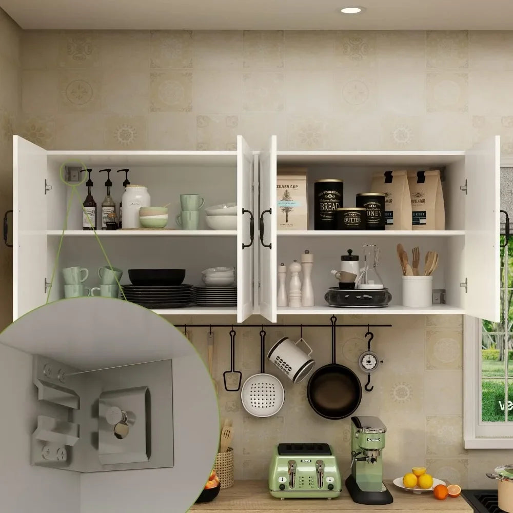 Large Kitchen Pantry Cabinet Set with Wall Mounted Storage Sideboard 8 Doors and 2 Drawers White 63 Inch Wide Modern Kitchen Cabinets