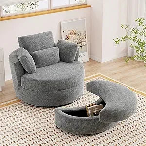 Oversized Swivel Accent Chair with Half Moon Storage Ottoman, 42'' W Chenille Round Swivel Barrel Chair, Modern Upholstered Comf