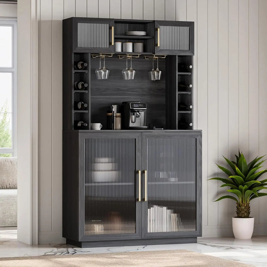 Coffee Wine Bar Cabinet with Power Outlet 72 Inch Rustic Liquor Cabinet Tall Fluted Buffet Cabinet with Storage