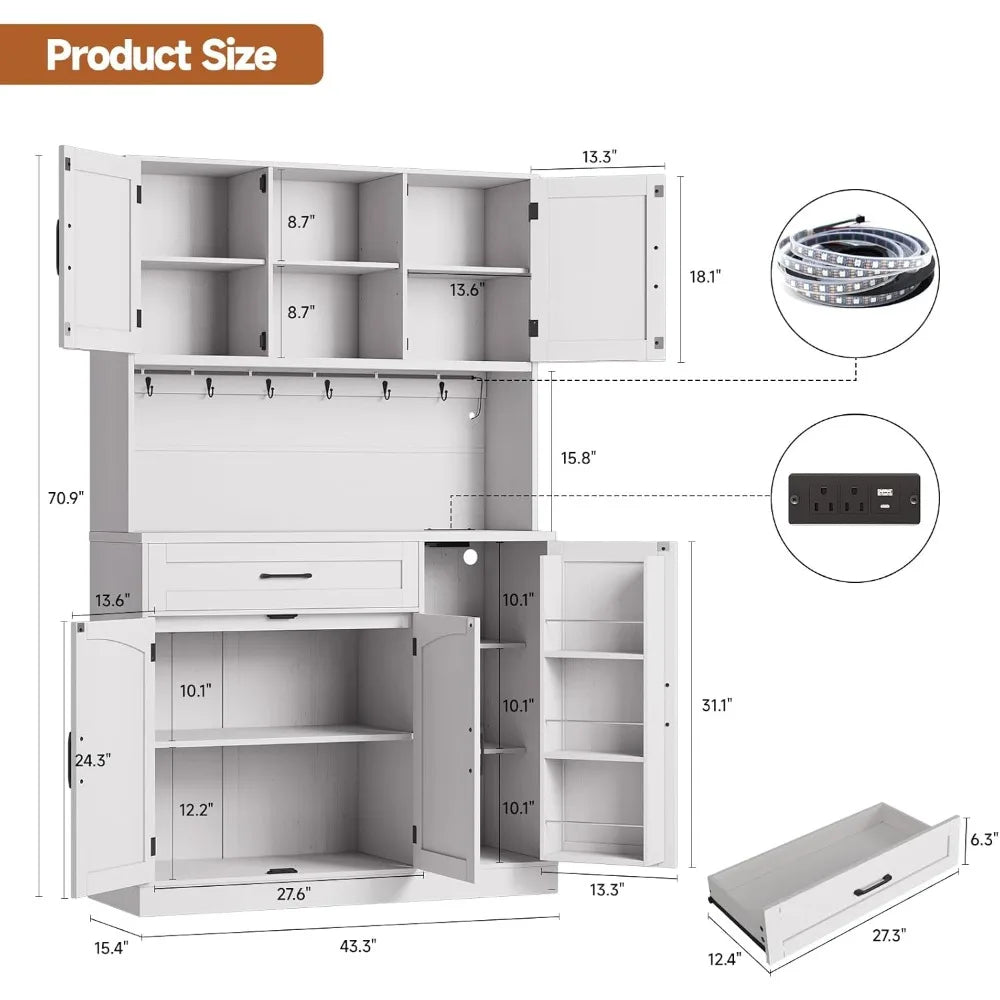 71 Inch Pantry Cabinet Kitchen Storage Cabinet with LED Light and Outlet Microwave Shelf and 6 Hooks