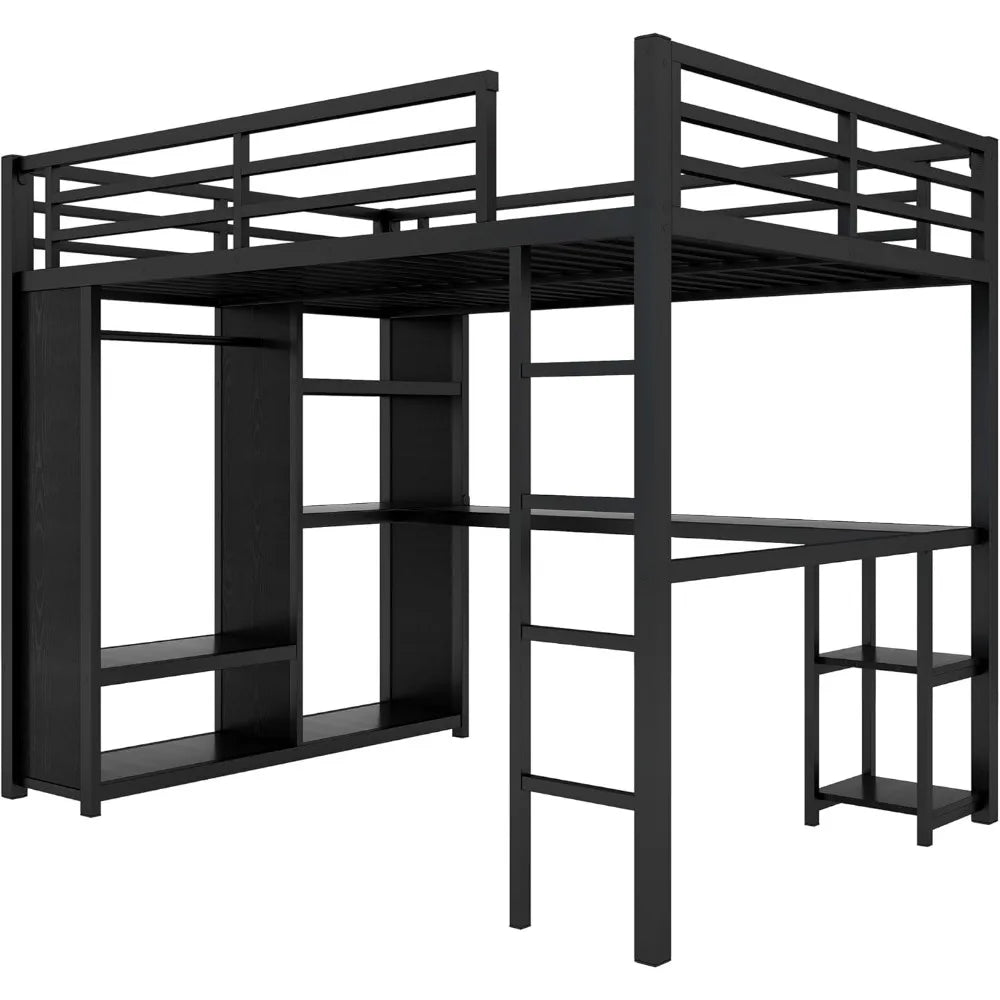 Queen Loft Bed with Desk and Storage Shelves, Queen Loft Bed with Wardrobe, Hanging Rod, Guardrail and Ladder, Balck