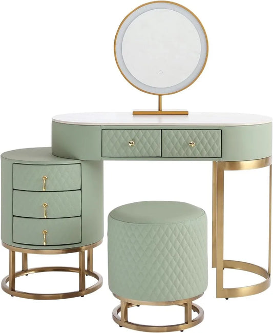 Luxury Faux Leather Vanity Desk with Mirror Makeup Table and Drawers Vanity Stool Green