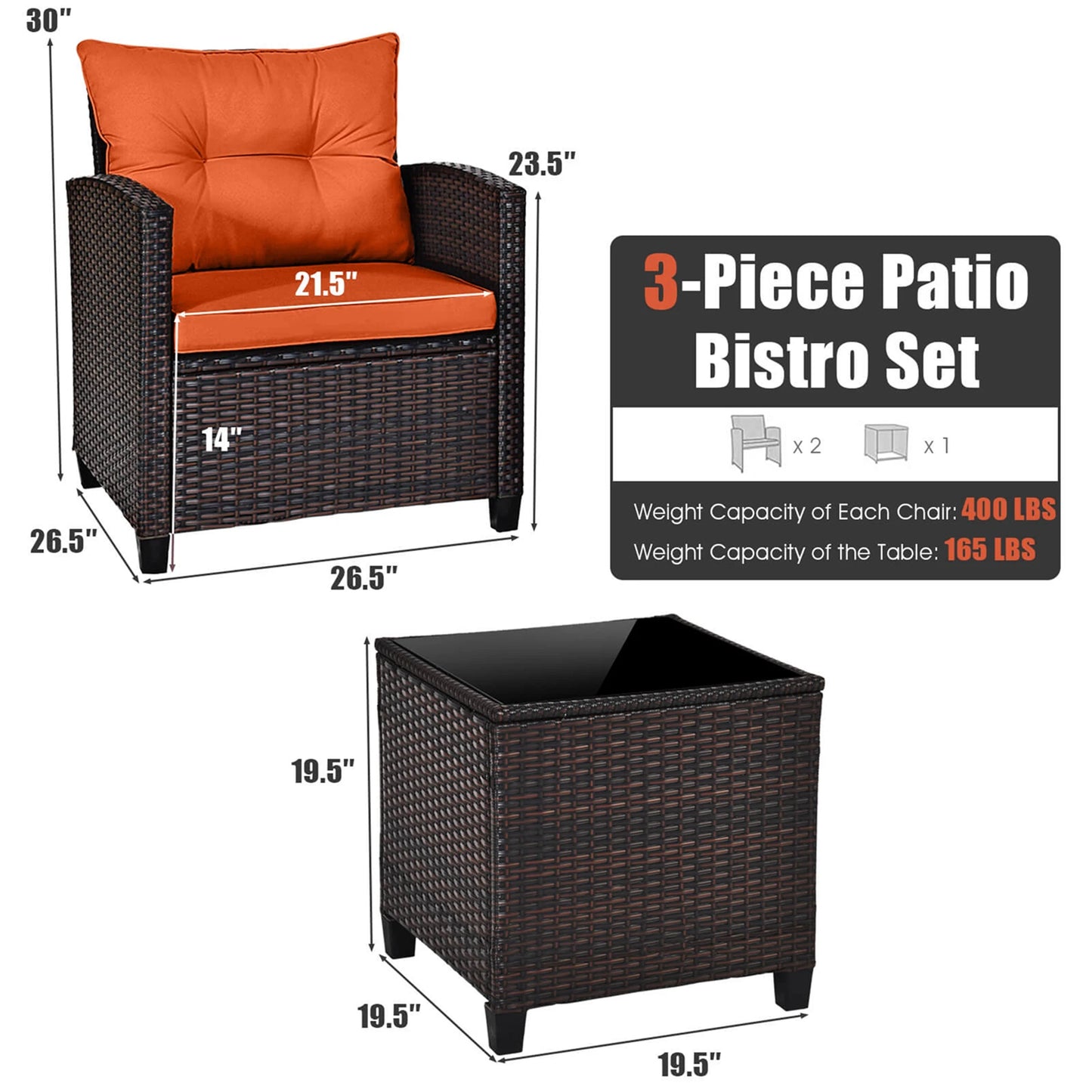 3 Piece Patio Rattan Furniture Set Cushioned Conversation Sofa Orange