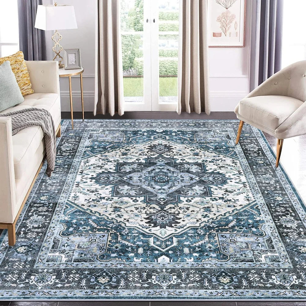 Washable Area Rugs 8x10 Living Room Rug Vintage Medallion Throw Rug Soft Floor Cover Low Pile Non Slip Accent Carpet Retro Design