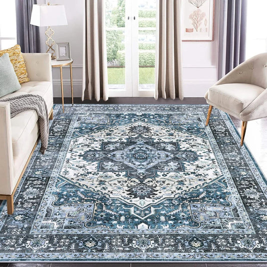 Washable Area Rugs 8x10 Living Room Rug Vintage Medallion Throw Rug Soft Floor Cover Low Pile Non Slip Accent Carpet Retro Design