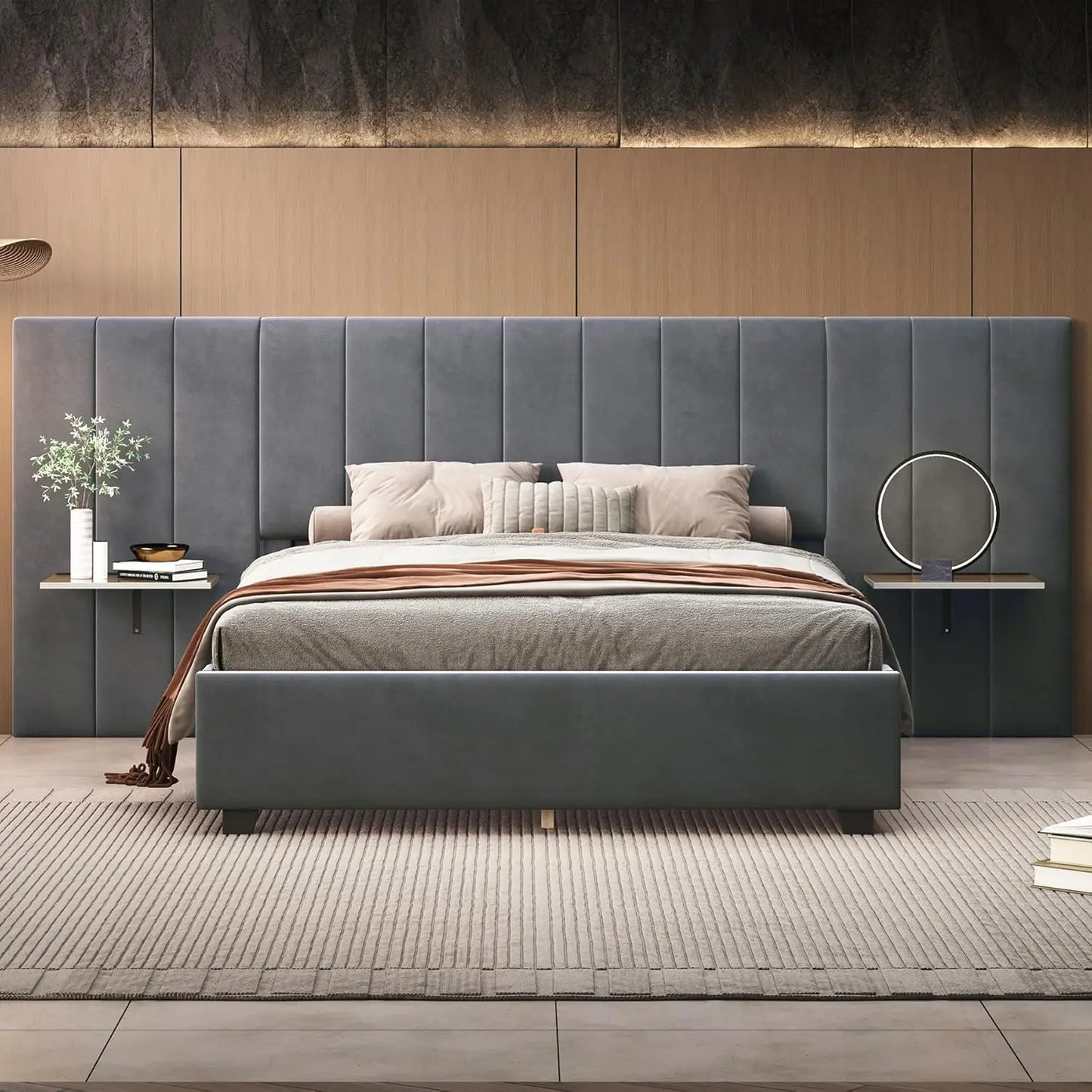 Luxury Upholstered Bed Frame with Tall Headboard and Integrated Bedside Shelves Queen Size Modern Design