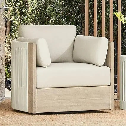 Boho Patio Rattan 360 Degree Swivel Chair Outdoor Wicker Furniture with Thickened Cushions and Arm Pillows Acacia Wood Frame