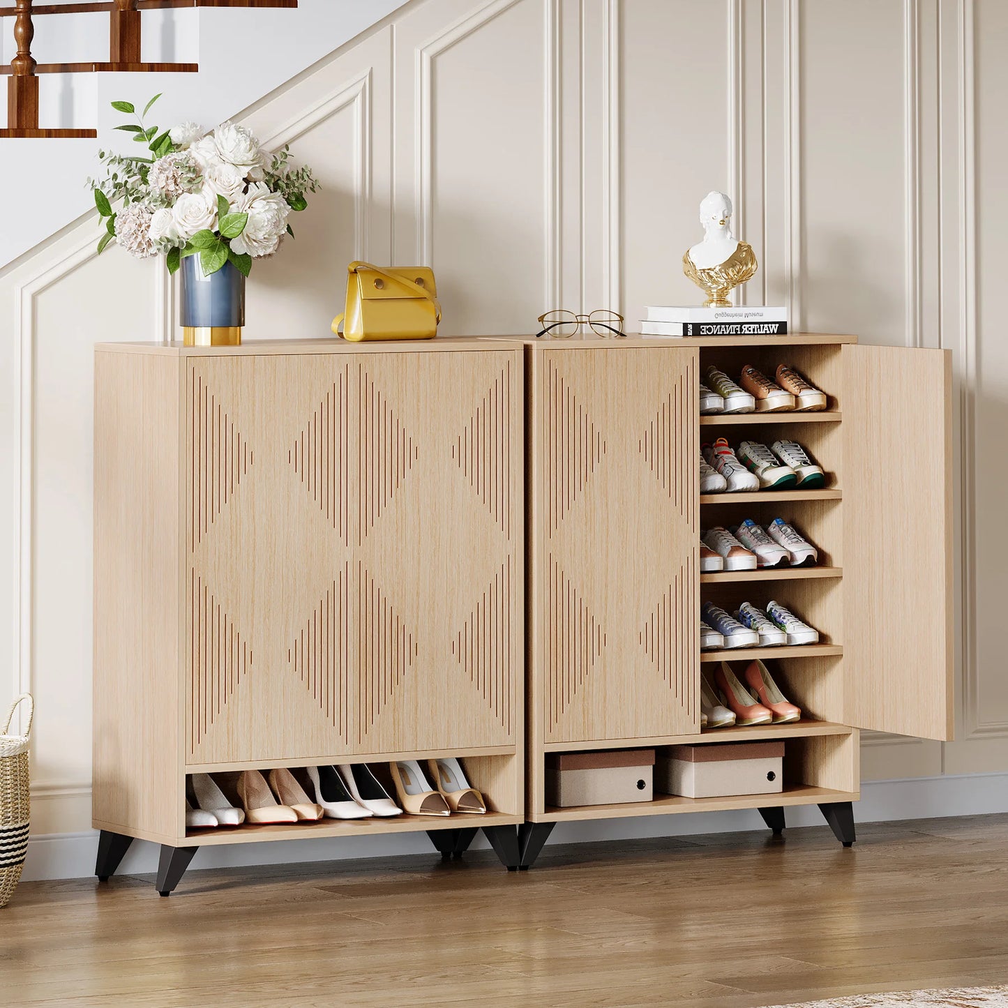 Tribesigns Shoe Cabinet with Doors 6 Tier Entryway Shoe Storage Cabinet with Adjustable Shelves Modern Wooden Shoe Organizer
