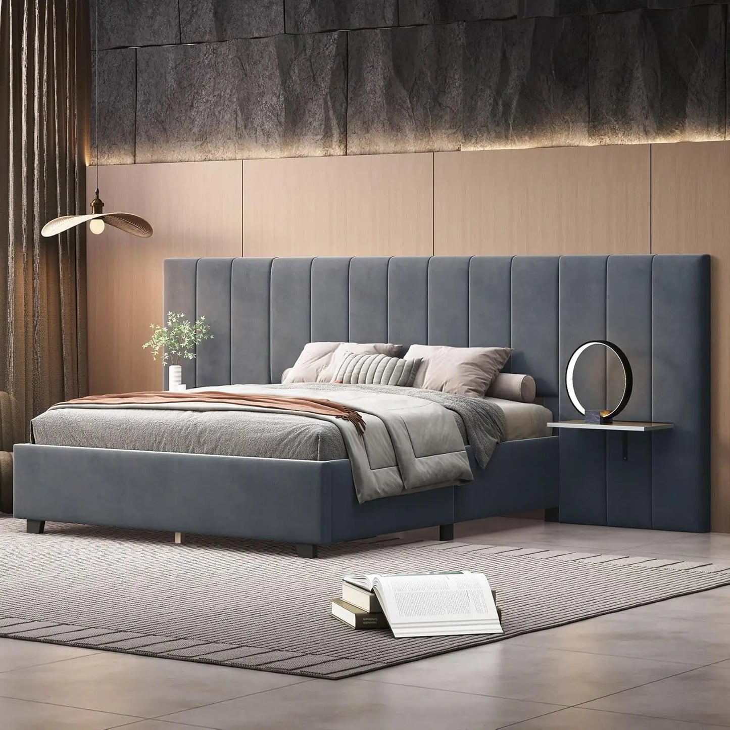 Luxury Upholstered Bed Frame with Tall Headboard and Integrated Bedside Shelves Queen Size Modern Design