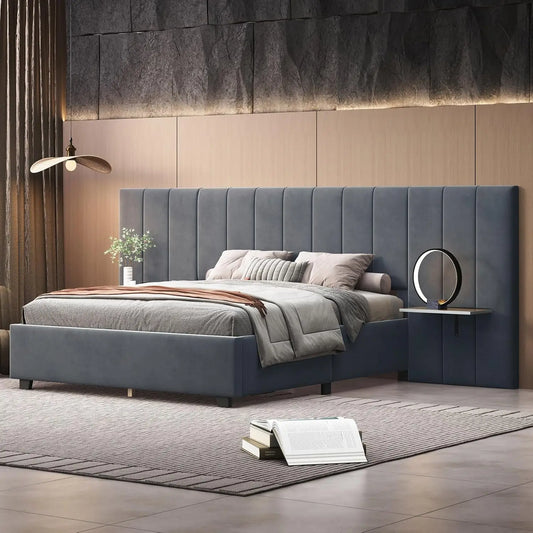 Luxury Upholstered Bed Frame with Tall Headboard and Integrated Bedside Shelves Queen Size Modern Design