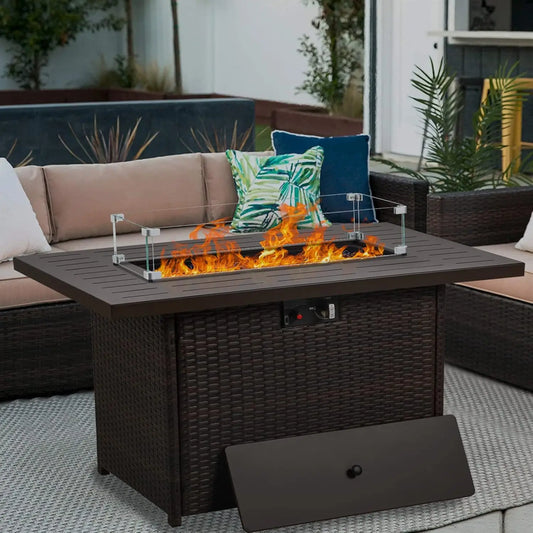 Propane Fire Pit Table 44 Inch 55000 BTU Outdoor Gas Fire Pit Rectangular with Glass Wind Guard Brown Aluminum Top