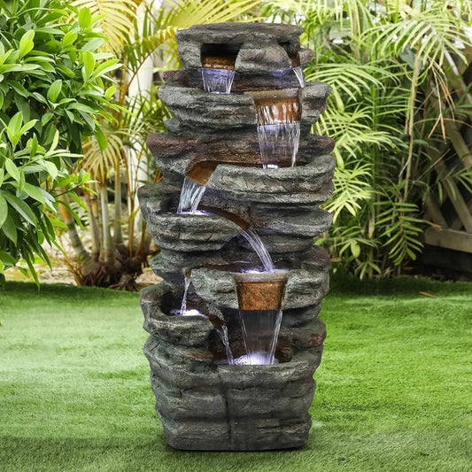 48 Inch High 7 Story Rock Outdoor Fountain with LED Lights for Garden and Home Art Decoration