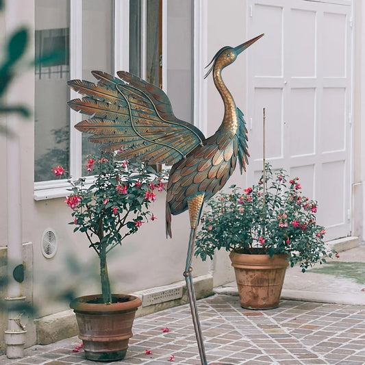 1pc Metal Crane Statue for Garden Decor Heron Yard Art Standing Sculpture Copper Color