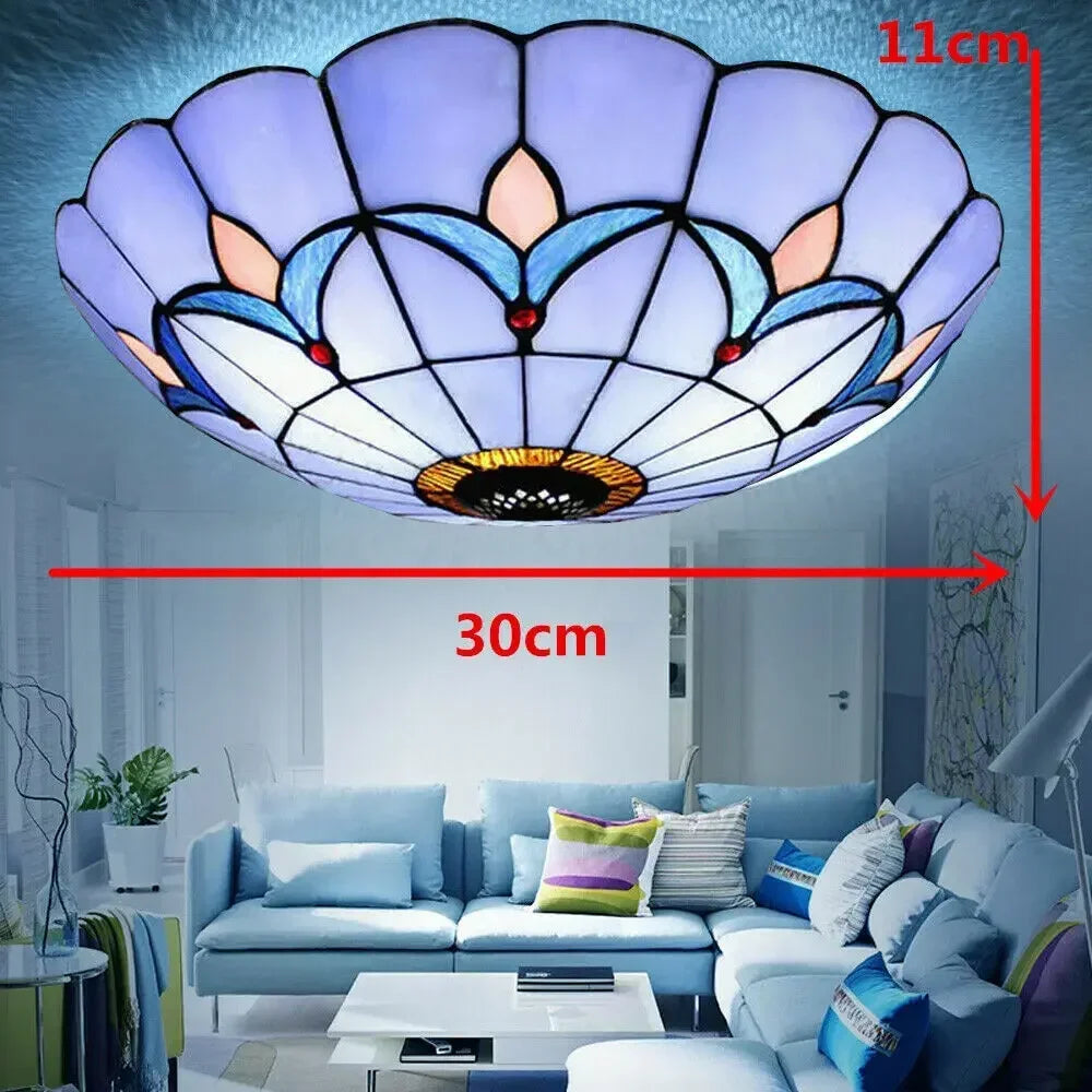 12" Tiffany Style Stained Glass Flush Mount Light, Elegant Vintage Ceiling Lamp for Living Room and Dining Room