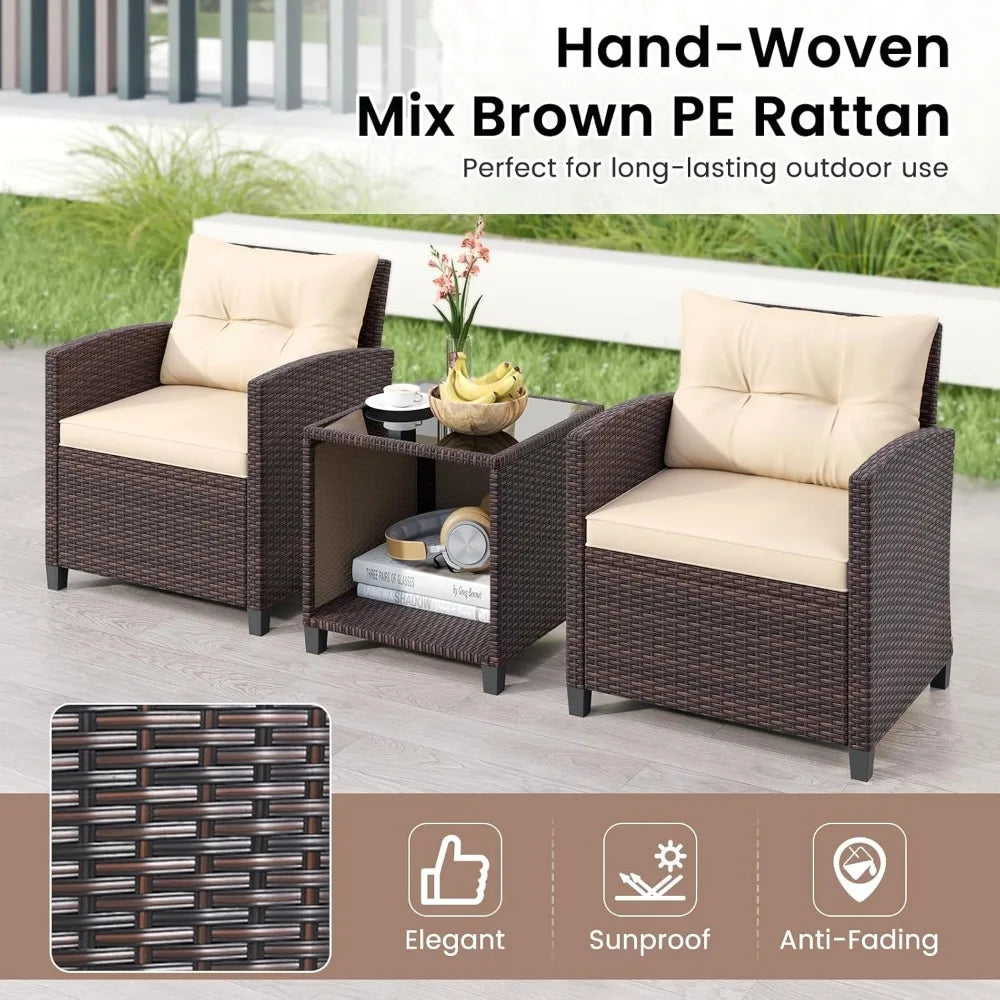 3 Piece Patio Furniture Set Outdoor Conversation Set with Washable Cushions and Storage Table PE Rattan Wicker Bistro Set