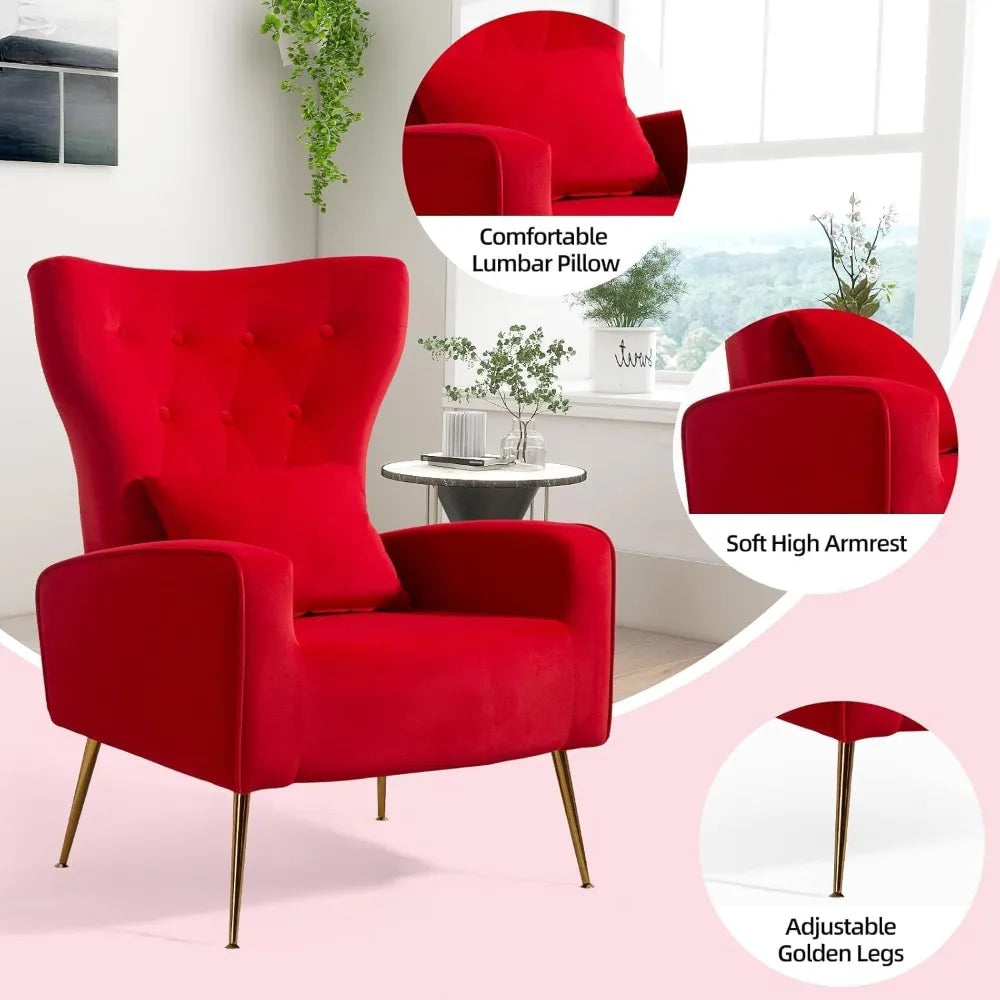 Velvet Accent Arm Chair Mid Century Modern Living Room Chair Wingback Bedroom Side Chair with Gold Legs and Pillow Button Tufted
