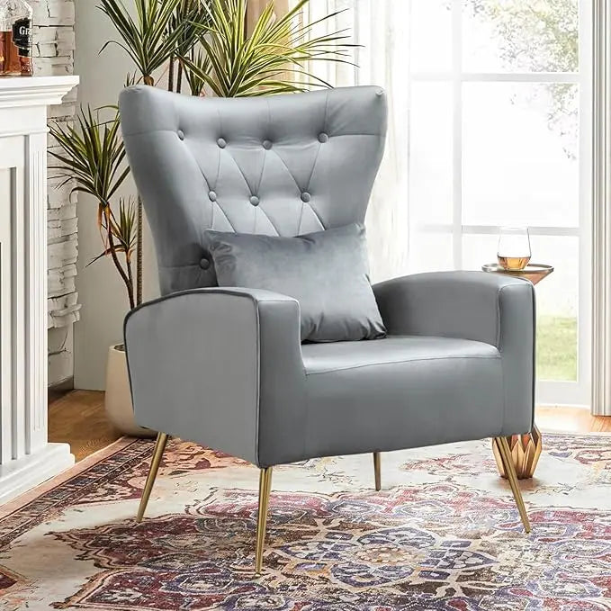 Velvet Accent Arm Chair Mid Century Modern Living Room Chair Wingback Bedroom Side Chair with Gold Legs and Pillow Button Tufted