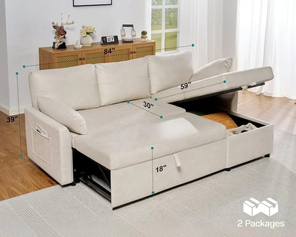 Sofa Bed, Sofa Sleeper with Chaise, Pull Out Couch for Living Room, Off-White Leathaire,