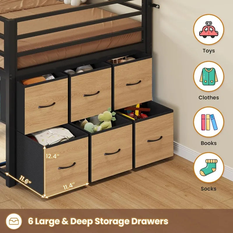 Twin Size Low Loft Bed with 6 Fabric Storage Drawers, Metal Loft Bed Twin with LED Lights & Open Storage Shelves